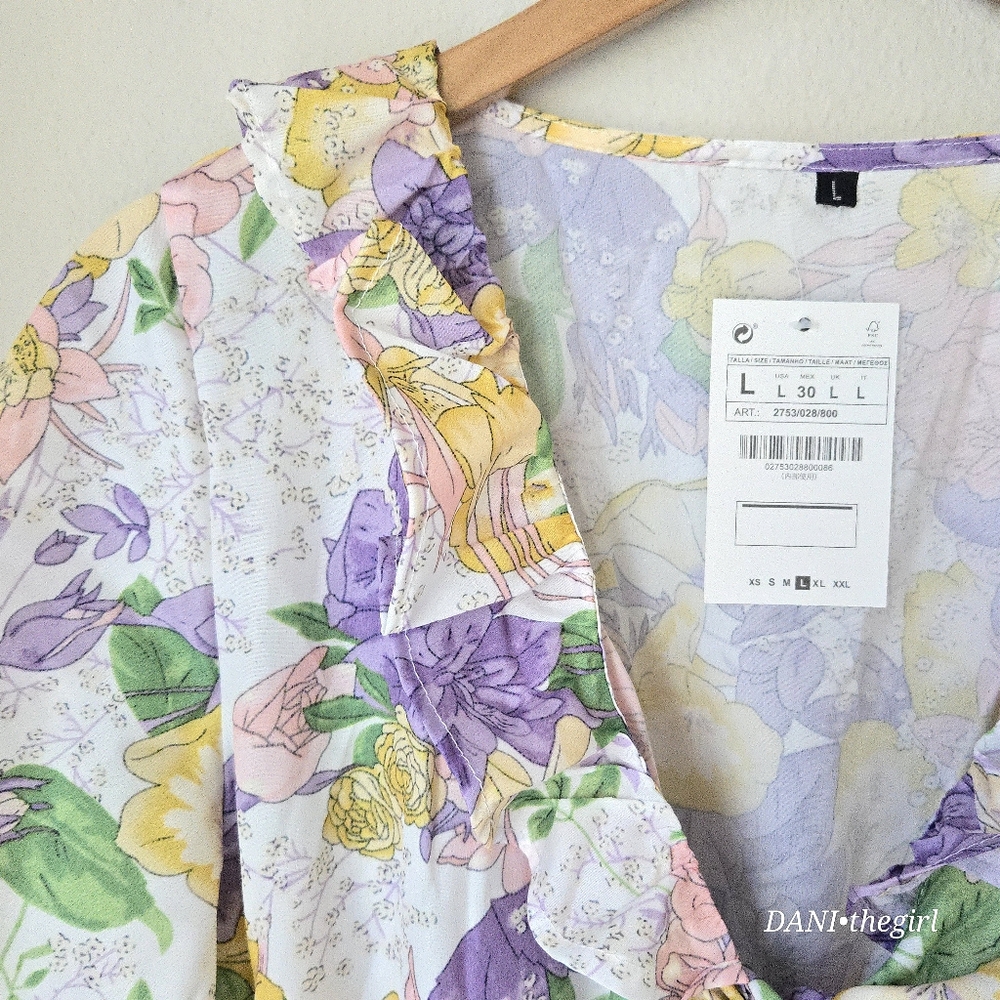 Floral Plunge Neck Tie Front Flutter Sleeve Ruffle Trim Dress - Picture 8 of 14